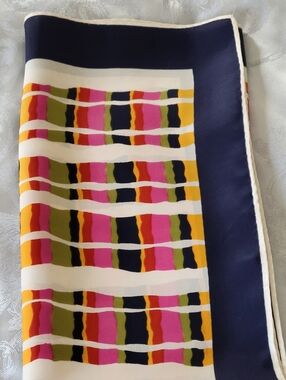 Vintage,Colorful Striped 100%Acetate Scarf - Navy, Pink, Mustard, Olive